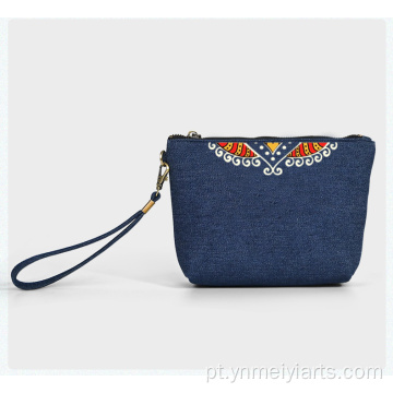 Bolsa de maquiagem jeans bordada artesanal étnica personalizada